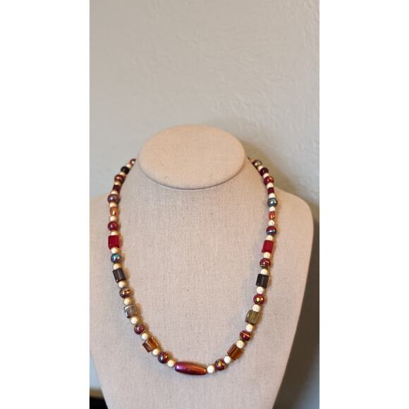 Vintage Metallic Drawbench, Square Lampwork, Art Glass 925 Clasp Bead Necklace - Picture 11 of 12